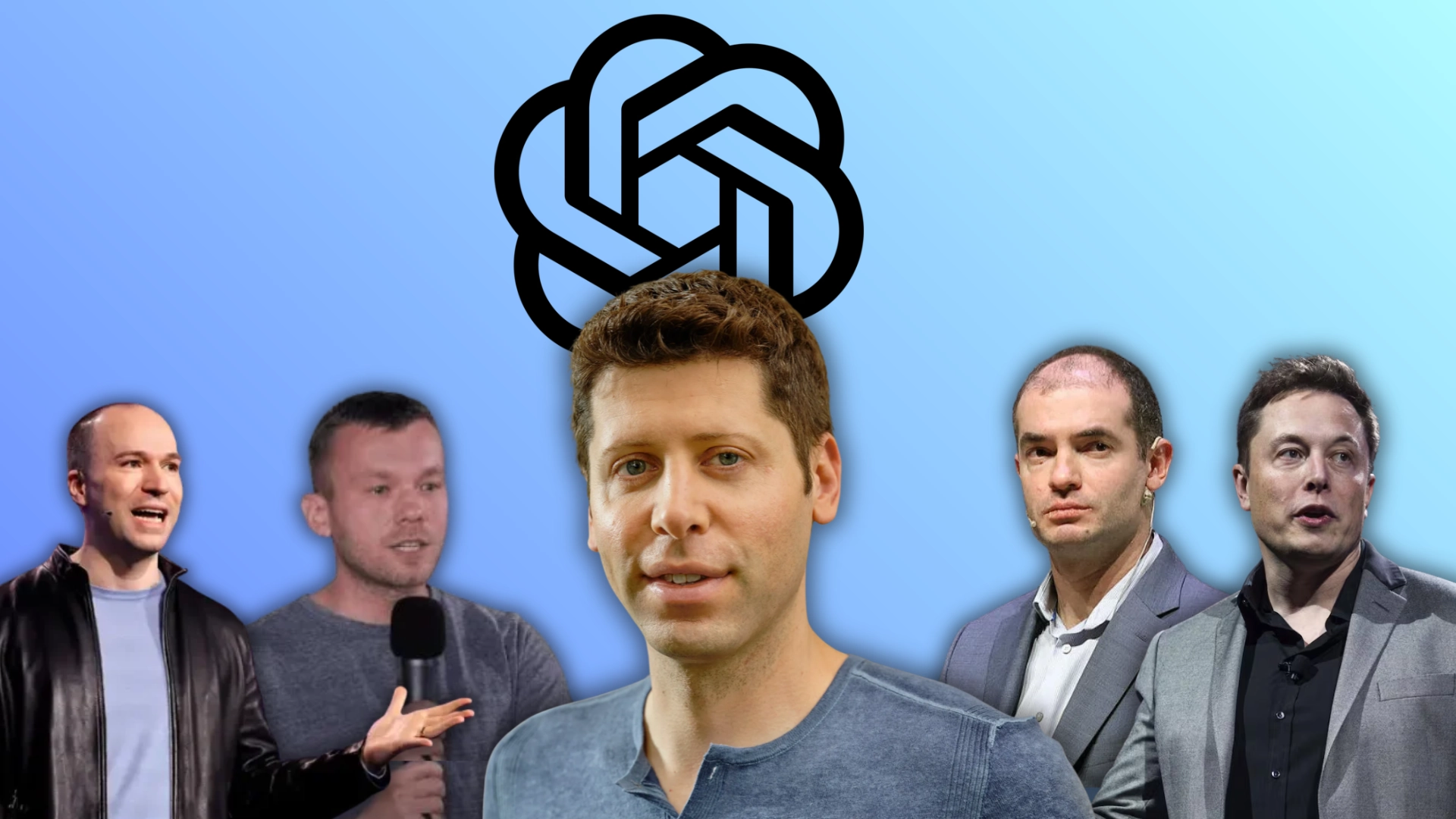 openai founders and leaders including sam altman, greg brockman, and elon musk with chatgpt logo in the background explaining its creation