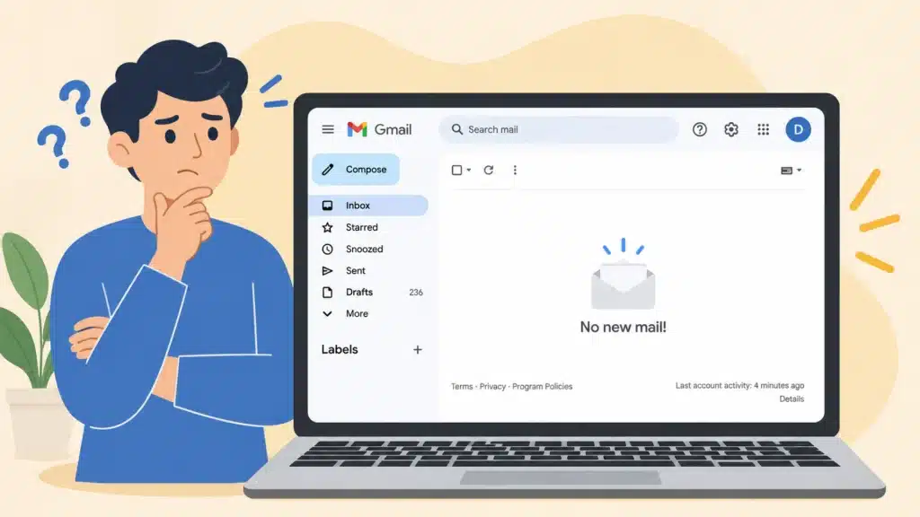 young man looking confused beside a laptop displaying a gmail inbox on a light background