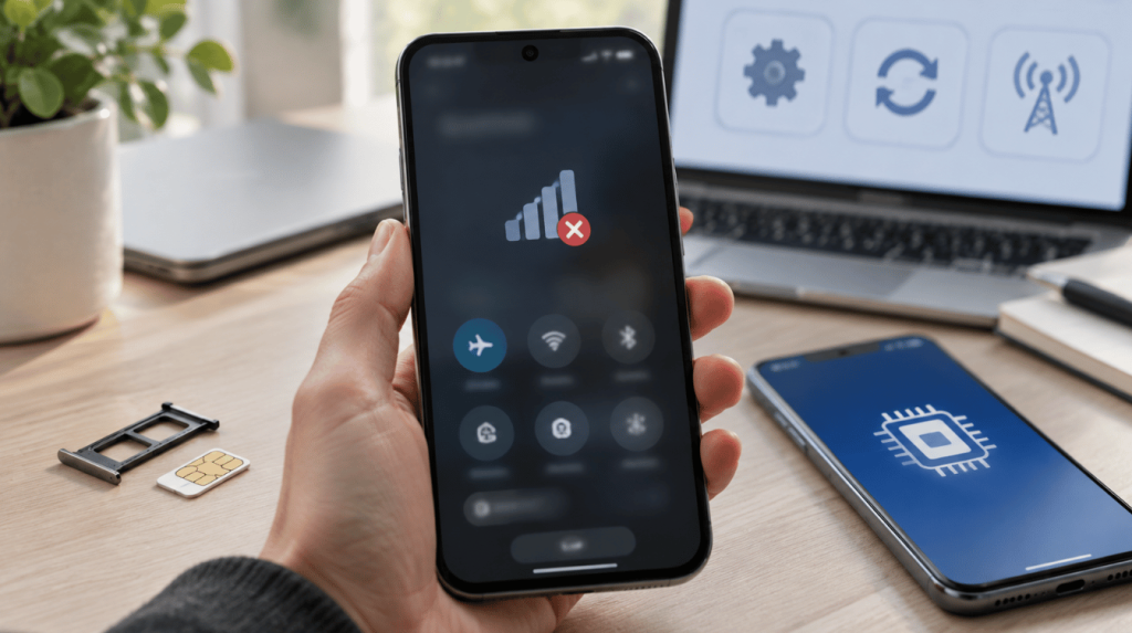 smartphone showing cellular connection issues with sim card tray, esim chip, and troubleshooting icons on a modern desk
