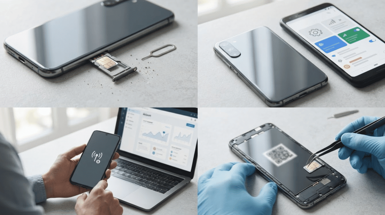 smartphone troubleshooting scenes showing SIM card removal, network settings, connection checks, and hardware inspection