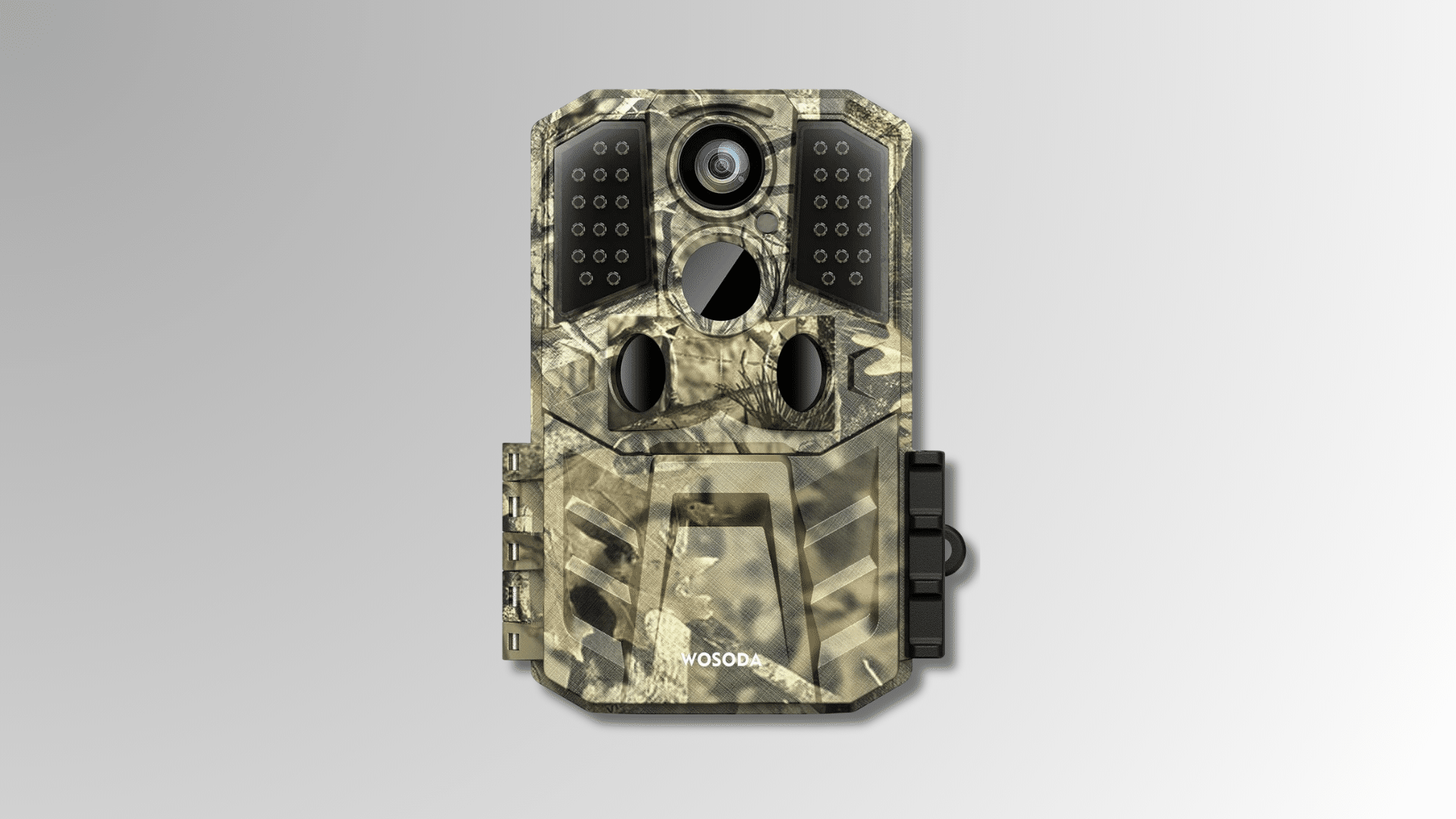 wosoda g300 plus trail camera with green housing and front infrared sensors for wildlife capture