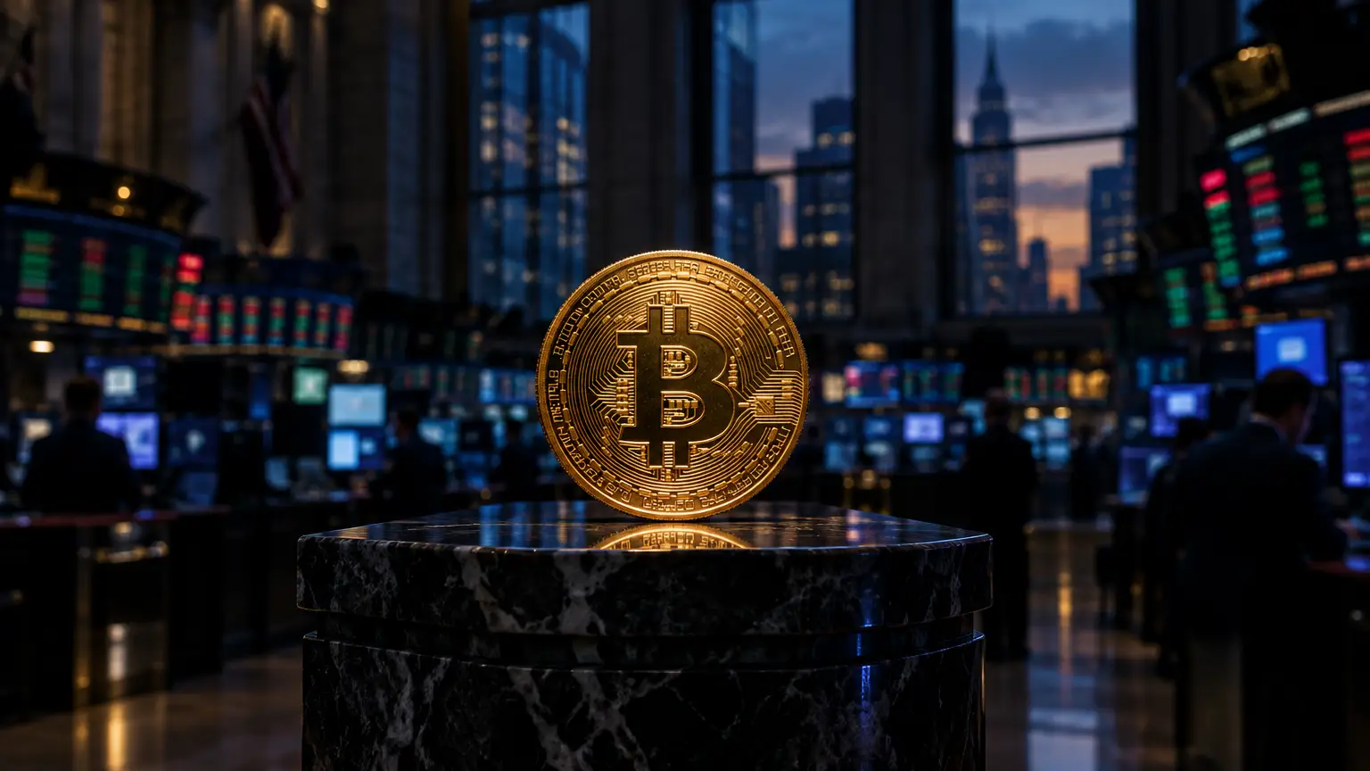 Bitcoin symbol on marble pedestal in stock exchange with digital screens and city skyline