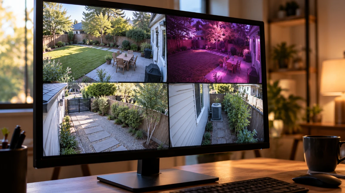 Computer monitor showing four CCTV camera views of a residential backyard and garden during day and night.