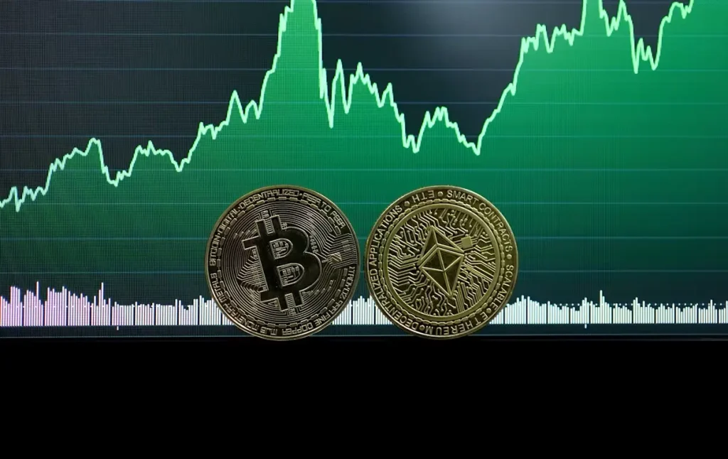 Bitcoin and Ethereum coins in front of green financial chart on screen