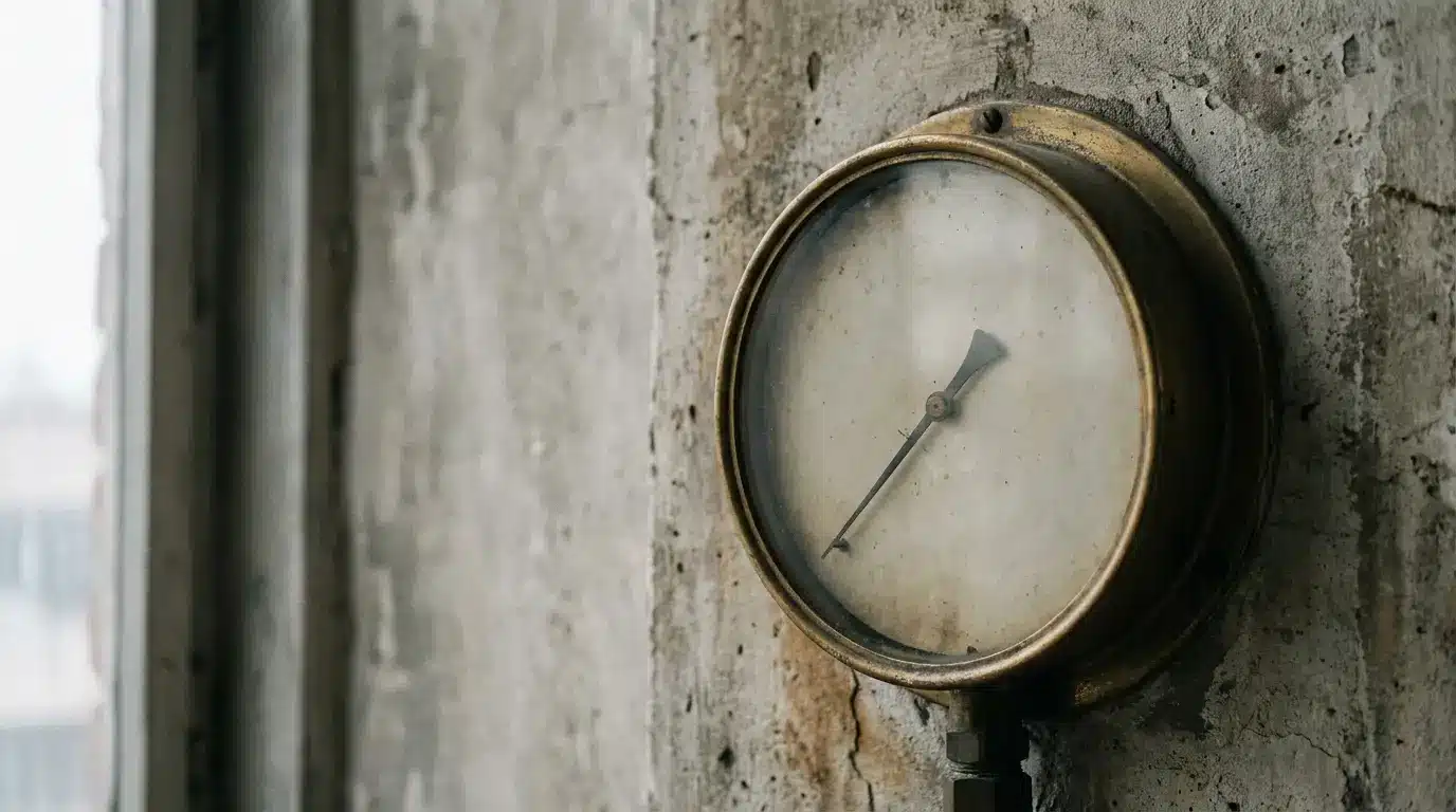 Vintage brass pressure gauge on weathered concrete wall in industrial setting