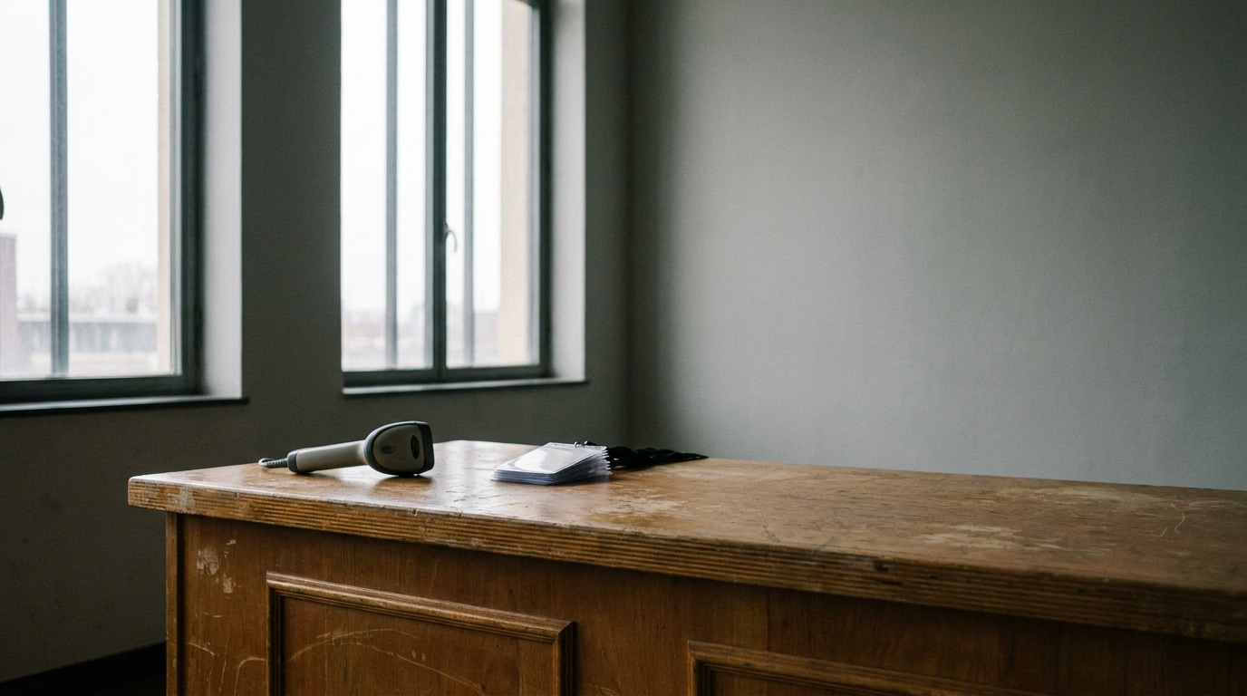 Wooden desk with barcode scanner and documents in a dimly lit office near large windows