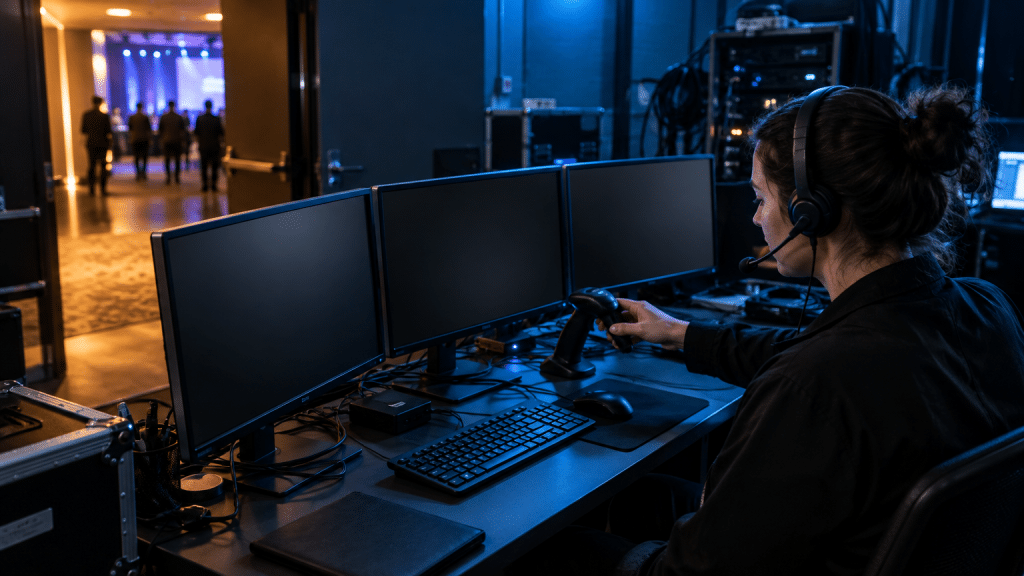 Person with headset operating control booth with three monitors in a darkened backstage area