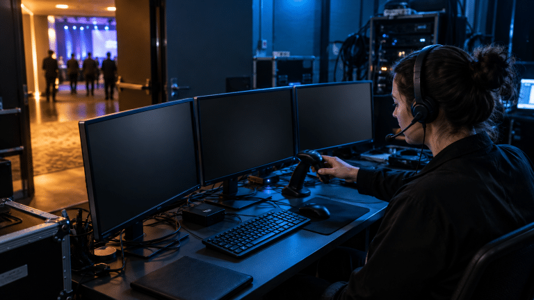 Person with headset operating control booth with three monitors in a darkened backstage area