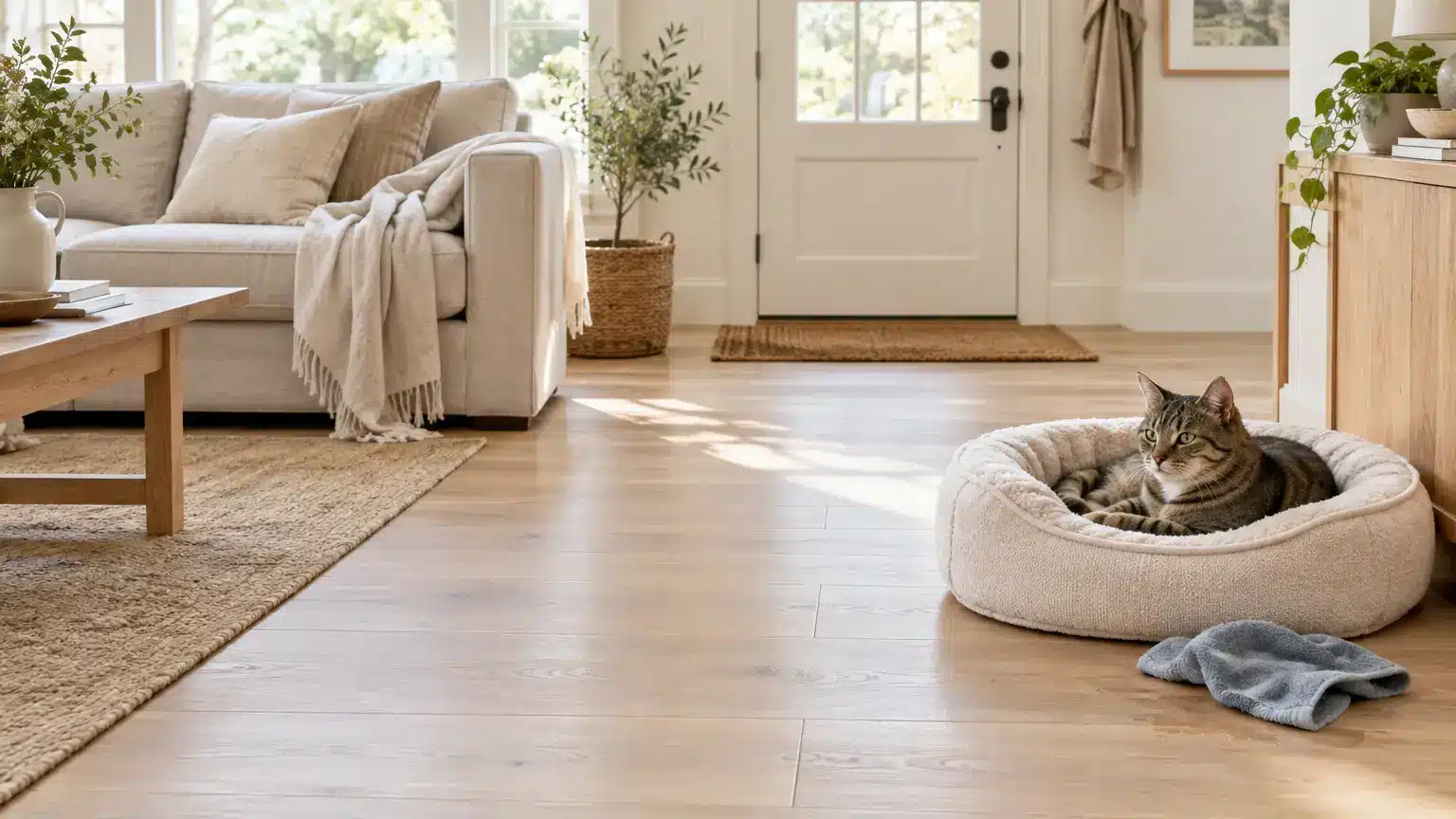 Cozy living room with a cat lounging in a pet bed on hardwood floor