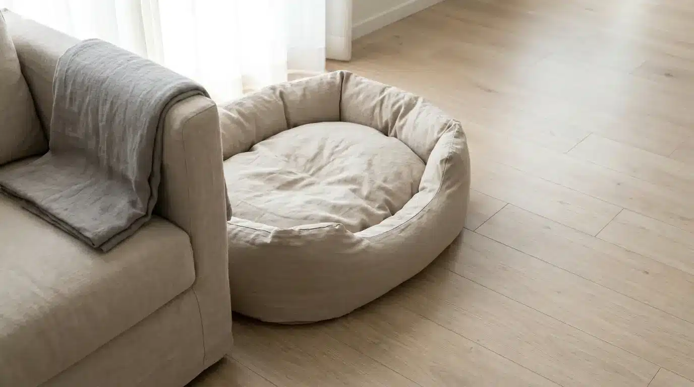 Cozy beige dog bed beside matching sofa in a bright living room