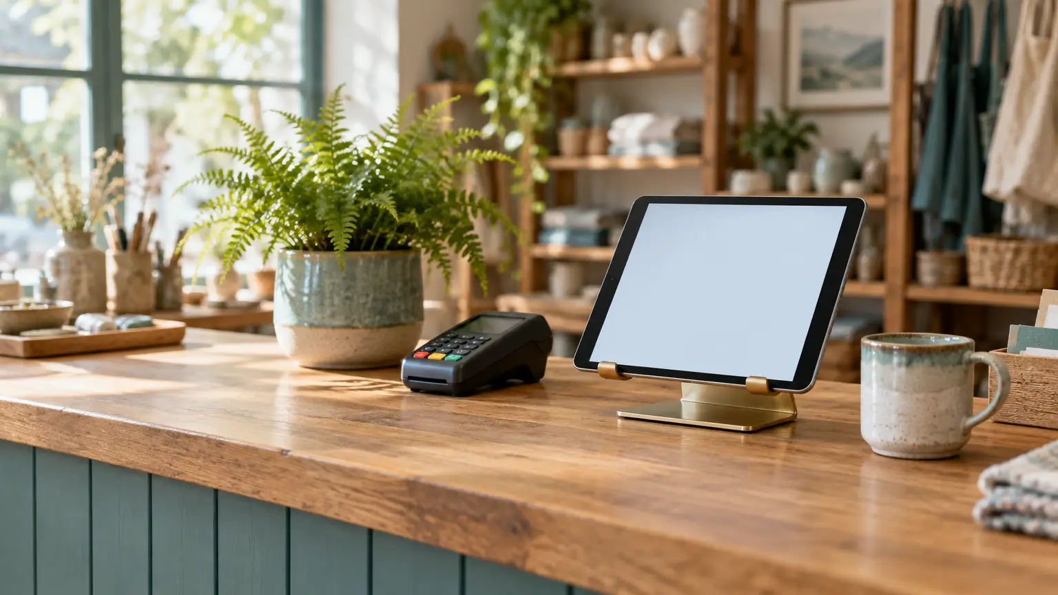 Tablet and payment terminal on wooden counter with fern and pottery in cozy store setting