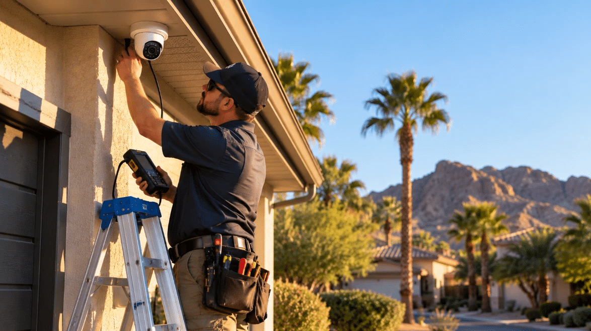Technician installing security camera on residential home under clear blue sky with palm trees nearby