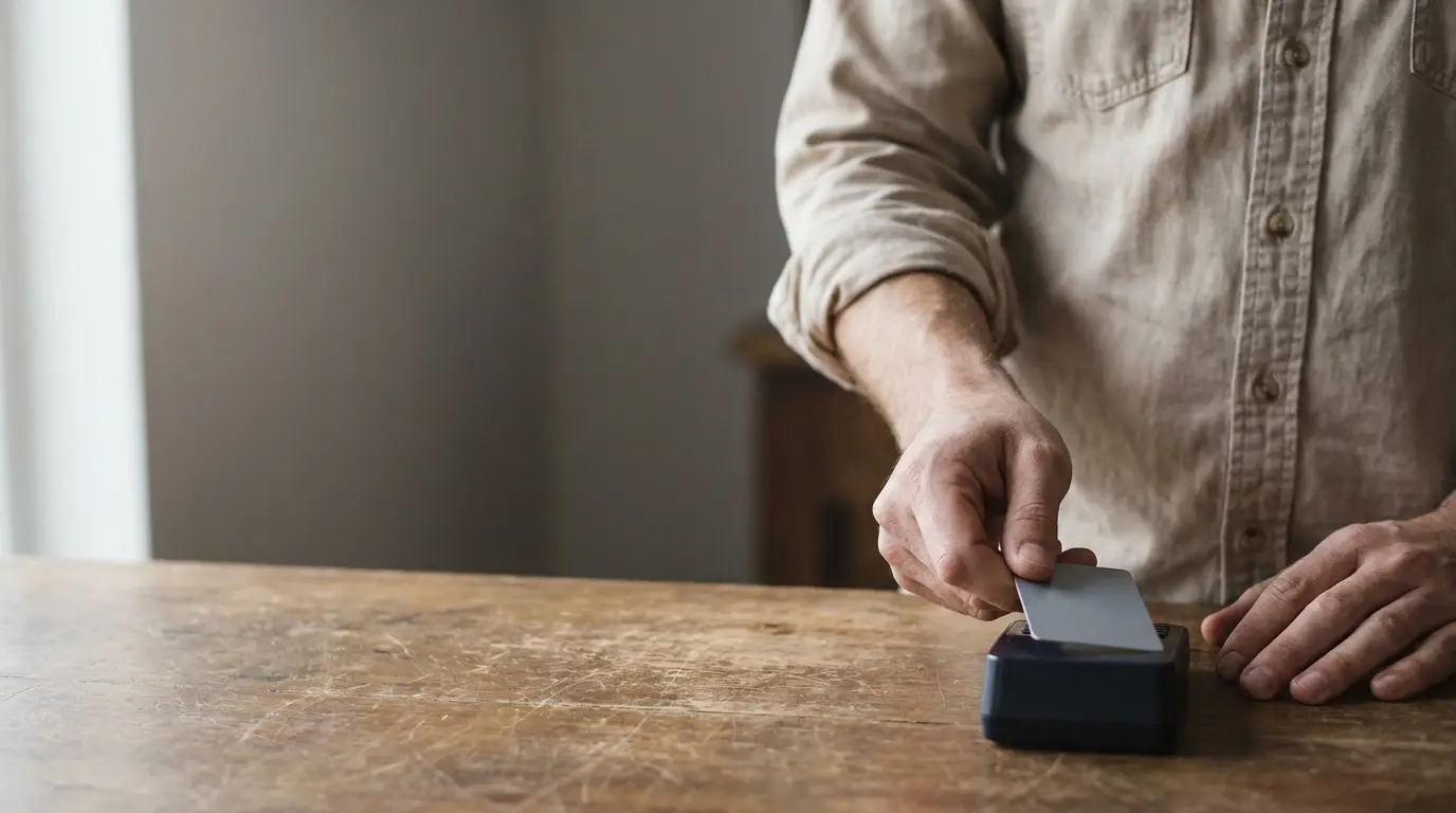 Person swiping card through payment terminal on wooden counter in dimly lit room