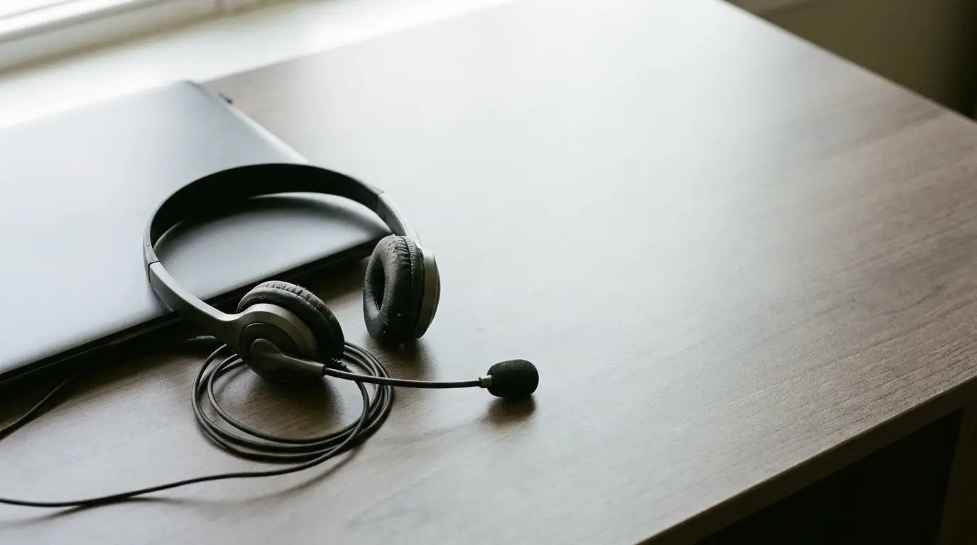 Headset with microphone resting on laptop on wooden desk in natural light
