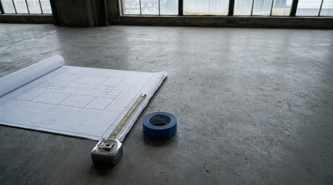 Blueprints, measuring tape, and blue painter's tape on concrete floor near large windows