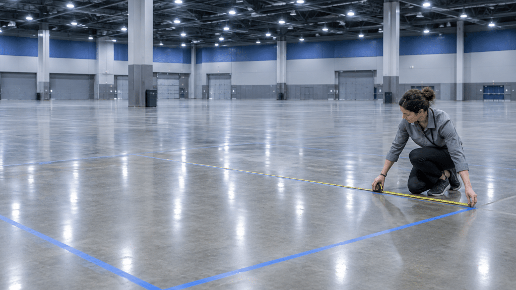 Woman measuring marked floor with tape in large industrial space